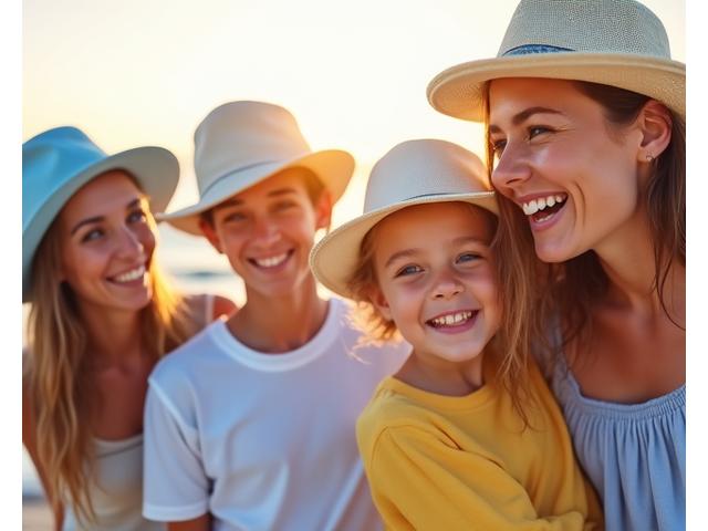 Happy family wearing matching sun hats on a sunny beach