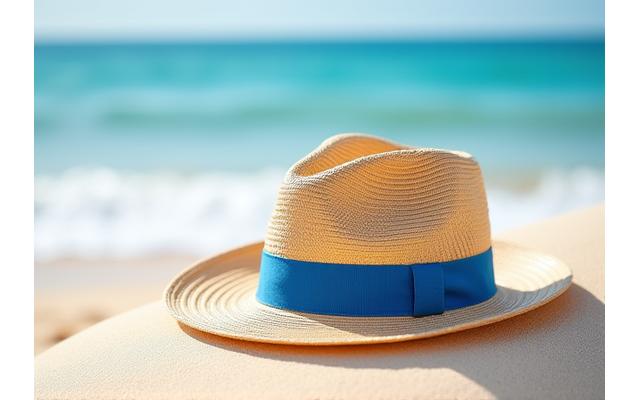Stylish wide-brim straw hat on a sandy beach